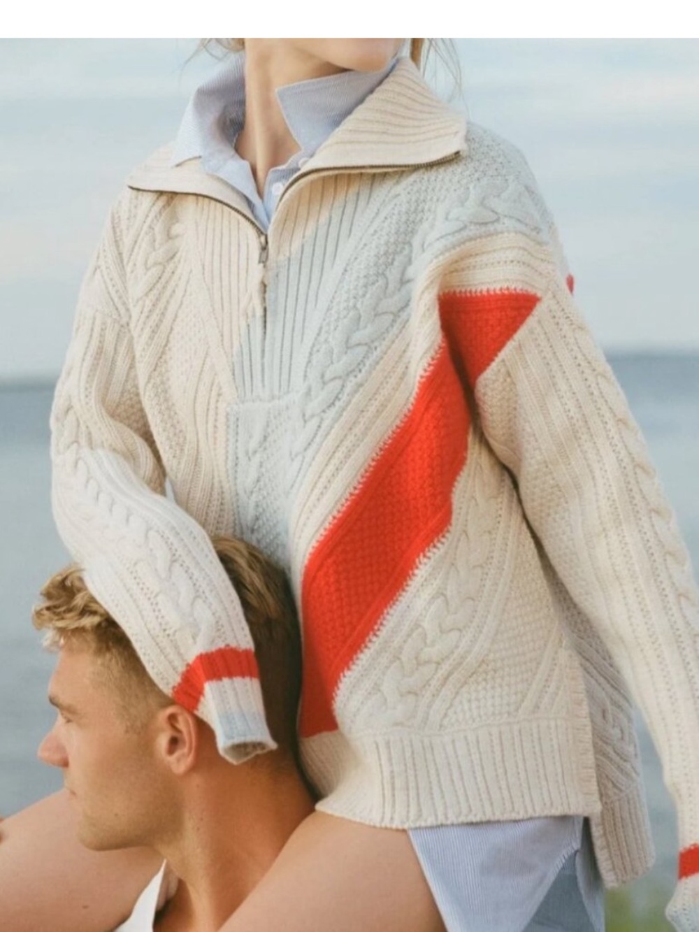 Solid and striped adriana Cable Knit Half-Zip Sweater LARGE